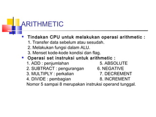 ARITHMETIC




Tindakan CPU untuk melakukan operasi arithmetic :
1. Transfer data sebelum atau sesudah.
2. Melakukan fungsi dalam ALU.
3. Menset kode-kode kondisi dan flag.
Operasi set instruksi untuk arithmetic :
1. ADD : penjumlahan
5. ABSOLUTE
2. SUBTRACT : pengurangan
6. NEGATIVE
3. MULTIPLY : perkalian
7. DECREMENT
4. DIVIDE : pembagian
8. INCREMENT
Nomor 5 sampai 8 merupakan instruksi operand tunggal.

 