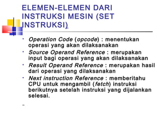 ELEMEN-ELEMEN DARI
INSTRUKSI MESIN (SET
INSTRUKSI)








Operation Code ( opcode ) : menentukan
operasi yang akan dilaksanakan
Source Operand Reference : merupakan
input bagi operasi yang akan dilaksanakan
Result Operand Reference : merupakan hasil
dari operasi yang dilaksanakan
Next instruction Reference : memberitahu
CPU untuk mengambil ( fetch ) instruksi
berikutnya setelah instruksi yang dijalankan
selesai.

 
