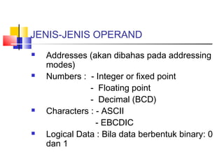 JENIS-JENIS OPERAND








Addresses (akan dibahas pada addressing
modes)
Numbers : - Integer or fixed point
- Floating point
- Decimal (BCD)
Characters : - ASCII
- EBCDIC
Logical Data : Bila data berbentuk binary: 0
dan 1

 