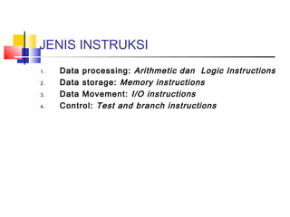 JENIS INSTRUKSI
1.
2.
3.
4.

Data processing: Arithmetic dan Logic Instructions
Data storage: Memory instructions
Data Movement: I/O instructions
Control: Test and branch instructions

 