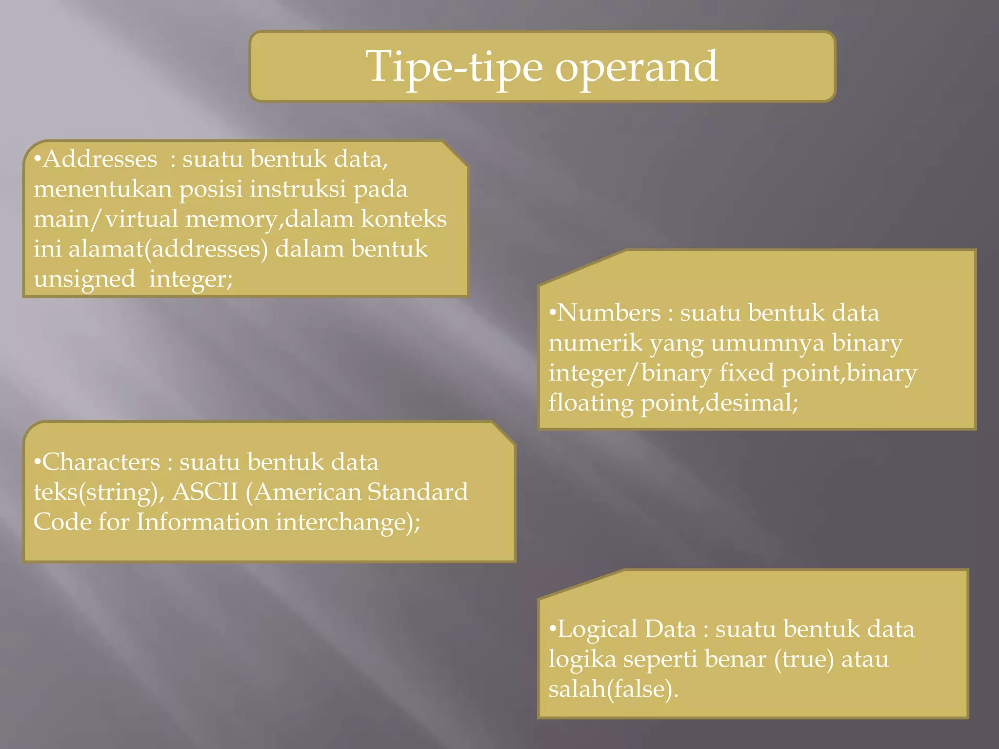 Tipe-tipe operand 
•Addresses : suatu bentuk data, 
menentukan posisi instruksi pada 
main/virtual memory,dalam konteks 
ini alamat(addresses) dalam bentuk 
unsigned integer; 
•Numbers : suatu bentuk data 
numerik yang umumnya binary 
integer/binary fixed point,binary 
floating point,desimal; 
•Characters : suatu bentuk data 
teks(string), ASCII (American Standard 
Code for Information interchange); 
•Logical Data : suatu bentuk data 
logika seperti benar (true) atau 
salah(false). 
 