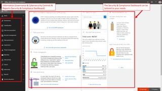 Information Governance & Cybersecurity Controls &
Reports (Security & Compliance Dashboard)
The Security & Compliance Dashboard can be
tailored to your needs.
 