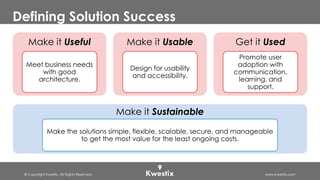 © Copyright Kwestix. All Rights Reserved. www.kwestix.com
Defining Solution Success
Make it Useful
Meet business needs
with good
architecture.
Make it Usable
Design for usability
and accessibility.
Get it Used
Promote user
adoption with
communication,
learning, and
support.
Make it Sustainable
Make the solutions simple, flexible, scalable, secure, and manageable
to get the most value for the least ongoing costs.
 