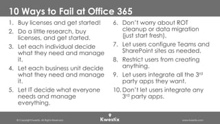 © Copyright Kwestix. All Rights Reserved. www.kwestix.com
10 Ways to Fail at Office 365
1. Buy licenses and get started!
2. Do a little research, buy
licenses, and get started.
3. Let each individual decide
what they need and manage
it.
4. Let each business unit decide
what they need and manage
it.
5. Let IT decide what everyone
needs and manage
everything.
6. Don’t worry about ROT
cleanup or data migration
(just start fresh).
7. Let users configure Teams and
SharePoint sites as needed.
8. Restrict users from creating
anything.
9. Let users integrate all the 3rd
party apps they want.
10. Don’t let users integrate any
3rd party apps.
 