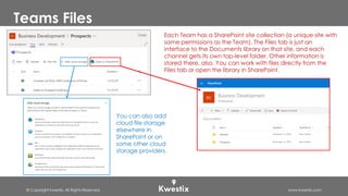 © Copyright Kwestix. All Rights Reserved. www.kwestix.com
Teams Files
Each Team has a SharePoint site collection (a unique site with
same permissions as the Team). The Files tab is just an
interface to the Documents library on that site, and each
channel gets its own top-level folder. Other information is
stored there, also. You can work with files directly from the
Files tab or open the library in SharePoint.
You can also add
cloud file storage
elsewhere in
SharePoint or on
some other cloud
storage providers.
 