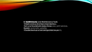 7. Install Security and Maintenance Tools
•Install antivirus or endpoint protection.
•Set up a firewall and define rules.
•Enable automatic updates.
•Create backup schedules and restore points.
8. Test the Server
•Check connection from client devices.
•Test role functionality (e.g., file access, print services,
logins).
•Troubleshoot errors or configuration issues.
 