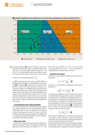 Neiges et avalanches :                 Les vagues dans les retenues d’altitudes :
         106         état des connaissances                 analyse et méthodes pour la prévention
                     et outils de prévention




                         5    Conditions d’apparition entre le glissement et la masse d’eau et dynamique du cratère en fonction de E et F




                        d’échelle•(équation• 12 )•qui•relie•le•temps•ts•que•met•le• Elle•est•de•type•cnoïdale•si•                      .•Elle•
                        glissement•solide•pour•s’arrêter.•Le•débit•maximum•(QD)• est•de•type•solitaire•si•                     .•Au-delà,•les•
                        varie•de•1,7•à•2,8•fois•le•débit•solide•maximum•          • vagues•produites•sont•des•ressauts•mobiles.
                        et•de•1,7•à•4,8•fois•le•débit•solide•moyen•défini•comme•
                                                                        •
                        le• volume• du• glissement• divisé• par• le• temps• entre•    Amplitude de la vague
                                                                                    La•distance•xg•parcourue•par•le•glissement•sous•l’eau•est•
                        l’impact•et•l’arrêt•du•glissement•        .                 donnée•par•:

                        Le•débit•maximum•QD•et•le•temps•(tqD)•ont•été•reliés•aux•                                             ••15a
                        grandeurs•sans•dimensions•caractéristiques•par•l’équa-
                        tion• 13 •et•l’équation• 14 .•Contrairement•au•volume•d’eau•        La•durée•ts•du•mouvement•du•glissement•dans•l’eau•est•
                        déplacé,• le• débit• est• significativement• influencé• par•        donnée•par•:
                        l’épaisseur•relative.•Les•modèles•de•type•Saint-Venant•ou•
                        Boussinesq•utilisés•pour•l’étude•de•la•propagation•des•                                                 ••15b
                        vagues,•ne•peuvent•simuler•de•manière•pertinente•l’inte-
                        raction•entre•le•glissement•et•le•plan•d’eau.•Ces•deux•       La•distance•par•rapport•au•point•d’arrêt•du•glissement,•
                        dernières•relations•peuvent•être•utilisées•comme•condi-       où•l’amplitude•de•la•vague•atteint•sa•valeur•maximale•est•
                        tion•à•la•limite•de•ces•modèles•pour•rendre•compte•du•        comprise•entre•une•et•trois•fois•la•profondeur•d’eau•D.•
                        phénomène•complexe•et•tridimensionnel•de•génération•          À•cette•distance,•l’amplitude•de•la•vague•principale•peut•
                        de•la•vague.                                                  être•estimée•en•exploitant•les•nombreuses•lois•empiri-
                                                                                      ques•disponibles,•comme•par•exemple•celle•proposée•
                           Caractéristique des ondes produites                        par•Fritz•(2003).•Elle•exprime•(figure• 6 )•l’amplitude•rela-
                                                                                                                       •
                        De•l’interaction•chaotique•et•tridimensionnelle,•émerge• tive•en•fonction•du•nombre•de•Froude•d’impact•et•de•
                        une•vague•cohérente•avec•des•caractéristiques•définis- l’épaisseur•relative•selon•la•formule•:
                                                                               •
                        sables•telles•que•la•forme,•l’amplitude•et•la•longueur•
                        d’onde.• Cette• vague• principale• est• suivie• d’un• train•                                        ••16a
                        d’onde.•De•nombreux•travaux•ont•permis•de•dégager•des•
                        lois•d’échelle•permettant•de•prédire•la•nature,•la•forme,• Cette•formule,•établie•pour•une•masse•volumique•de•
                        l’amplitude•et•la•longueur•d’onde.                            1•620•kg/m3,•montre•que•pour•un•glissement•donné,•
                                                                                      l’amplitude•de•la•vague•diminue•proportionnellement•à•
                           Nature des ondes                                           la•racine•carrée•de•la•profondeur•d’eau•D.
                        La•nature•de•la•vague•principale•produite•dépend•du• Concernant•l’influence•de•la•masse•volumique,•Selinger-
                                                                                                        •
                        nombre•de•Froude•d’impact•et•de•l’épaisseur•relative•du• land•et•Voight•(1980)•ont•montré•que•l’amplitude•relative•
                        glissement.•Elle•est•de•type•sinusoïdale•si•               .• est•proportionnelle•au•rapport•des•masses•volumiques•à•


:::::::::::::: Sciences Eaux  Territoires n°02
 