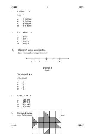 SULIT 015/1
1 8 million =
8 juta =
A 8 250 000
B 8 140 000
C 8 025 000
D 8 014 000
2 8  90 m  =
A 8·9 
B 8·09 
C 8·009 
D 8·099 
3 Diagram 1 shows a number line.
Rajah 1 menunjukkan satu garis nombor.
Diagram 1
Rajah 1
The value of X is
Nilai X ialah
A 5
B 6
C 6
D 6
4 5 648 x 46 =
A 259 808
B 259 018
C 259 108
D 258 808
5 Diagram 2 is drawn on a grid of equal squares.
Rajah 2 dilukis pada petak-petak segiempat sama yang sama besar.
015/1 SULIT
2
5 5 X
 