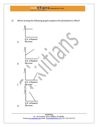AskIITians
B – 147,1st Floor, Sec-6, NOIDA, UP-201301,
Website:www.askiitians.com Email:. Support@askiitians.com, Tel: 1800-2000-838
5) Which among the following graphs explains the photoelectric effect?
A
B
C
D
 