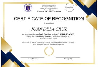 Academic Excellence Award Certificate Template for Elementary Students ...