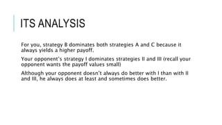 ITS ANALYSIS
For you, strategy B dominates both strategies A and C because it
always yields a higher payoff.
Your opponent’s strategy I dominates strategies II and III (recall your
opponent wants the payoff values small)
Although your opponent doesn’t always do better with I than with II
and III, he always does at least and sometimes does better.
 