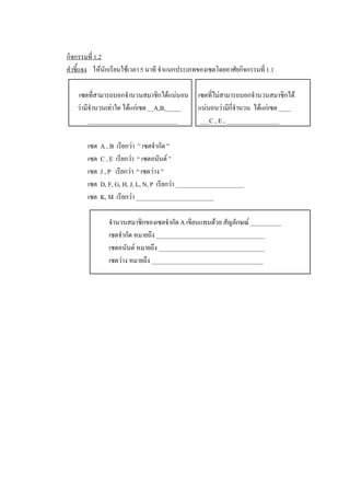 กิจกรรมที่ 1.2 
คําชี้แจง  ใหนักเรียนใชเวลา 5 นาที จําแนกประเภทของเซตโดยอาศัยกิจกรรมที่ 1.1 

    เซตที่สามารถบอกจํานวนสมาชิกไดแนนอน  เซตที่ไมสามารถบอกจํานวนสมาชิกได 
    วามีจํานวนเทาใด ไดแกเซต __A,B,_____  แนนอนวามีกี่จํานวน  ไดแกเซต ____ 
         _____________________________       ___C , E , _________________ 

       เซต  A , B  เรียกวา  ” เซตจํากัด ” 
       เซต  C , E  เรียกวา  “ เซตอนันต ” 
       เซต  J , P  เรียกวา  “ เซตวาง ” 
       เซต  D, F, G, H, J, L, N, P  เรียกวา ______________________ 
       เซต  K, M  เรียกวา _________________________ 

               จํานวนสมาชิกของเซตจํากัด A เขียนแทนดวย สัญลักษณ __________ 
               เซตจํากัด หมายถึง ___________________________________ 
               เซตอนันต หมายถึง __________________________________ 
               เซตวาง หมายถึง ____________________________________
 