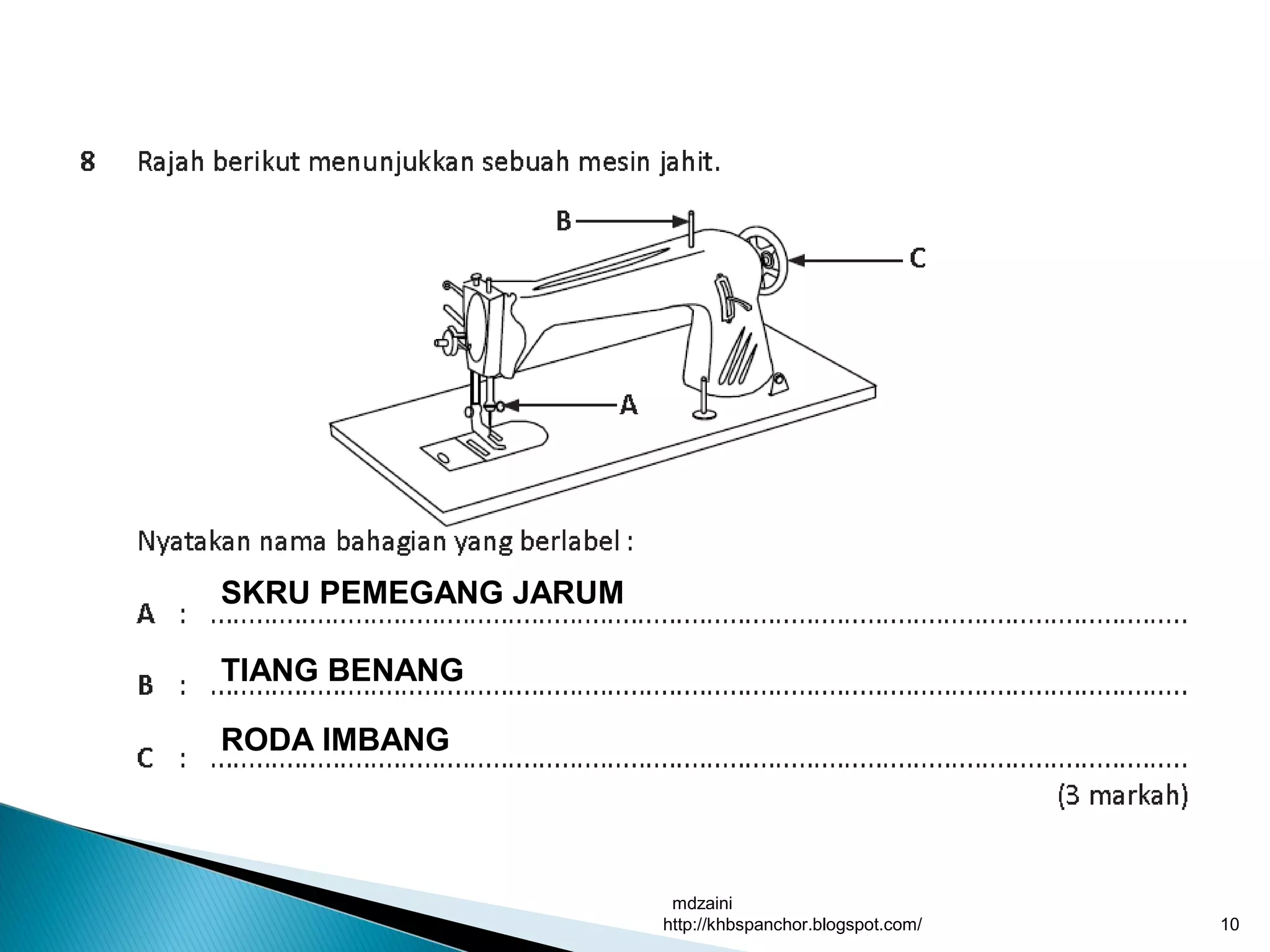 mdzaini
http://khbspanchor.blogspot.com/ 10
SKRU PEMEGANG JARUM
TIANG BENANG
RODA IMBANG
 