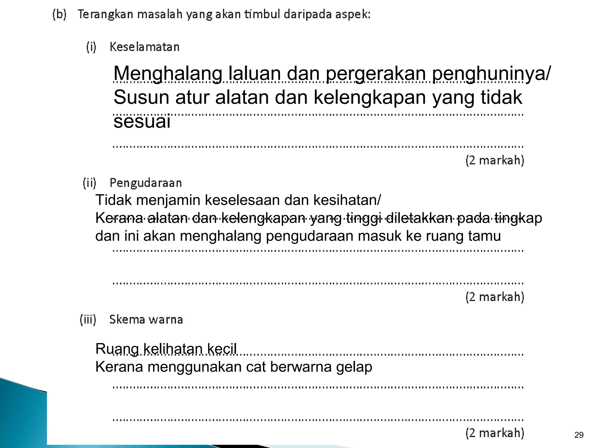 mdzaini
http://khbspanchor.blogspot.com/ 29
Menghalang laluan dan pergerakan penghuninya/
Susun atur alatan dan kelengkapan yang tidak
sesuai
Tidak menjamin keselesaan dan kesihatan/
Kerana alatan dan kelengkapan yang tinggi diletakkan pada tingkap
dan ini akan menghalang pengudaraan masuk ke ruang tamu
Ruang kelihatan kecil
Kerana menggunakan cat berwarna gelap
 