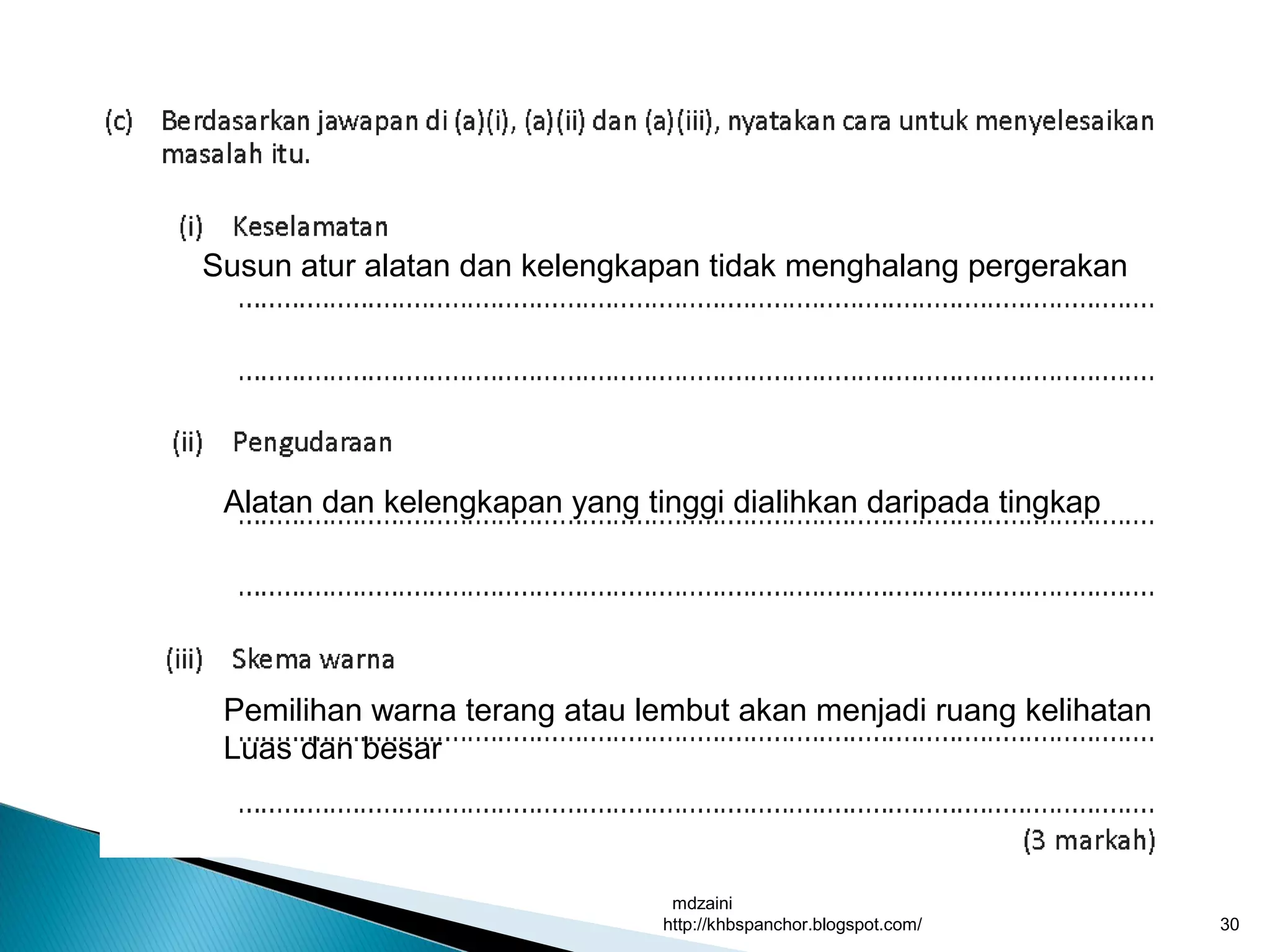 mdzaini
http://khbspanchor.blogspot.com/ 30
Susun atur alatan dan kelengkapan tidak menghalang pergerakan
Alatan dan kelengkapan yang tinggi dialihkan daripada tingkap
Pemilihan warna terang atau lembut akan menjadi ruang kelihatan
Luas dan besar
 