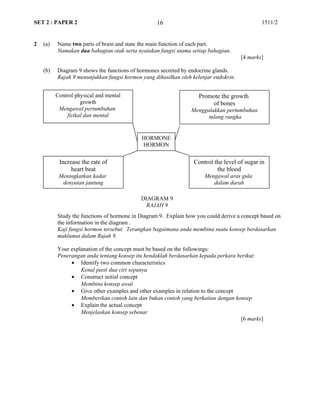 SET 2 : PAPER 2 1511/2
2 (a) Name two parts of brain and state the main function of each part.
Namakan dua bahagian otak serta nyatakan fungsi utama setiap bahagian.
[4 marks]
(b) Diagram 9 shows the functions of hormones secreted by endocrine glands.
Rajah 9 menunjukkan fungsi hormon yang dihasilkan oleh kelenjar endokrin.
Study the functions of hormone in Diagram 9. Explain how you could derive a concept based on
the information in the diagram .
Kaji fungsi hormon tersebut. Terangkan bagaimana anda membina suatu konsep berdasarkan
maklumat dalam Rajah 9.
Your explanation of the concept must be based on the followings:
Penerangan anda tentang konsep itu hendaklah berdasarkan kepada perkara berikut:
• Identify two common characteristics
Kenal pasti dua ciri sepunya
• Construct initial concept
Membina konsep awal
• Give other examples and other examples in relation to the concept
Memberikan contoh lain dan bukan contoh yang berkaitan dengan konsep
• Explain the actual concept
Menjelaskan konsep sebenar
[6 marks]
16
HORMONE
HORMON
Promote the growth
of bones
Menggalakkan pertumbuhan
tulang rangka
Control physical and mental
growth
Mengawal pertumbuhan
fizikal dan mental
Increase the rate of
heart beat
Meningkatkan kadar
denyutan jantung
Control the level of sugar in
the blood
Mengawal aras gula
dalam darah
DIAGRAM 9
RAJAH 9
 