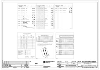 Boe Type l:'o htal hape Bend Boe Type No ~"fNbo''.~Totol llen th~hapel Bend
I
Boe Type I 'o Total Shope Bend
I
No fbor
Lengfh
No ofbar
Lengthmark
'"" of mmN No [ode T1pe D1mens1ons Shape
"" mark
'"" of ""'h No. 9 [ode Type D1mens1ons Shope
"" mark
'"" of '"'"h No Code Type Dimensions Shape
""size mernO ~•mb Ille memb memb me memb m•mb
"" " "" " "" "" " " " " " "
o°' D16 1 46 46 3740 00 A=l74a
= m DB 1 120 120 630 99 1 A=119 B=4DO
6 o" DB 1 B B 1160 99 2 A=80 B=l51 [=14D D=l15
n002 D12 1 114 114 3560 00 A=l555
= °" 01B 1 40 40 3350 15 1 A=Z011 8=1411 C=115
~ "" D16 1 12 12 1340 51 2 A=1008=16DC=14l
g
oo; D14 1 32 32 3660 OD A=JOSO
= 032 016 1 20 20 6270 15 1 A=JIJ4 B=Ol l=J1J4
~ °" D16 1 4 4 1100 21 2 A=490B=Z0ll=43J y
ooc D16 1 46 46 3750 00 A=l749
= OB 016 1 20 20 3710 00 A=JJag
=000 D14 1 20 20 5410 25 1 A=00l8=603(=515D=515E=4101-·4l0l~ o,; 012 1 40 40 3850 15 1 A=115l B=5iJ [=1703
~
1=....- ·~
002 D14 1 20 20 5265 25 1 A=ODJB=00J[=515D=515E=40ll-•4111~ o;; 012 1 40 40 2050 99 1 A=5JO B=14j l=14J4
ridMEAN aM1"a1=io•
1~ ...-·~
008 010 1 40 40 1630 15 1 A=113 B=l45 [=1467
~ o;e 012 1 40 40 1350 15 0 A=693 B=l91 [=013
cMS~
~
""" D8 1 12 12 1580 99 2 A=199-·l49 B=l51 (=l15
in. "" 010 1 40 40 1350 13 1 A=1115 t::;=i
1=.,.
-·~
~010 D12 1 2 2 1220 99 2 A=193 B=l50 040 08 1 4 4 1130 99 2 A=98 B=lSI [=JlS
in.'
·~ in.011 D20 1 40 40 6345 99 2 • c 041 08 1 8 8 1140 99 2 A=llJ B=l51 [=J15
MEAN
1~ ...-·~ '
A=1~4 B=l9l [=1510-,1Jl4 D=l89 E=1514-·17l7 f=1~4
e<l=1l5"a1=71"al=11B"e<4=71""5=1ll"
'"""" -011'- '"""""•-OTP- """'"'•-OTP-
c c
ToJ-al Lengths and Weights
Number of members 1
Type T Type R BENDING DIAMETERS (mm)
- Lengt-hs of standard hooks Imm)
Total Weight Tatal Total Weight Total Diameters 6 8 10 12 14 16 18 20 22 25 28
Diameter Length per unit Weight Length per unit Weight Hooks IDiameters 6 8 10 12 14 16 18 20 22 25
'"1 Ikg/ml lkg) ,,, [kg/ml lkgl [Type 11 36 48 60 72 84 96 108 120 132 150 224
-
0 000
0
6 0.222 Frames 24 32 40 48 56 64 108 120 132 150 224- (Type 2]
8 m 0 395 46.40 nchorage
72 96 120 144 168 192 216 240 264 JOO- Hooks
0 0 0 0 0 0 0 0 0 0 0
[Type 1)
10 119 0.617 73 55 [Type 1) 0
- R
@_
Frames 0 0 0 0 0 0 0 0 0 0
12 698 0.868 620.07 Frames
0 0 0 0 0 0 0 0 0 0 0
(Type 2]
- [Type 21
14 ll1 1.210 400 05 nchor~ge
12 96 120 144 168 192 216 240 264 300- [Type 1)
16 565 15BO 892.10 8
Frames-
BAR DIMENSIONS 0 0 0 0 0 0 0 0 0 0
18 134 2 000 268 00 ITvpe 2]
-
20 254 2 470 626.89 - THE DIMENSIONS ARE GIVEN ON THE OUTSIDE FIBER OF THE REBAR ISEE BELOW!-
22 0 2.980 0.00 - THE TOT AL LENGTHS ARE CALCULATED ON THE BASIS OF THE CENTERLINE n(horage-
1150 3766 2004 - METHOD Bl 36 48 60 12 84 96 108 120 132 15025 0 3.850 0.00 [Type 1)
-
- THE BENDING ANGLES ARE GIVEN IN DEGREES
~
0
28 0 4.830 000 Frames
0 0 0 0 0 0 0 0 0 0-
0 6310 000
IType 21
32
ll__J
E- n(hor<ige
36 48 60 72 84 96 108 120 132 15036 0 7.990 000 ,, [Type 1)
- R
40 0 9 860 000 Frames
0 0 0 0 0 0 0 0 0 0- IType 21
~jType T Type R
n(horage
65 65 65 65 65 65 12 80 88 100Total Length - Bended 1276
,Ji-
[Type 1)
Total Length - Straight:
0
Frames942 0 0 0 0 0 0 0 0 0 0 0
Total Length lml. 2218
IType 21
......__ nchor~ge
Total Weight - Bended 1763
0
[Type 1) 65 65 65 65 65 65 12 80 88 100
R
FramesTotal Weight - Straight 1164 0 0 0 0 0 0 0 0 0 0
Total Weight lkgl
,_, ITvne 2]
2927
Mean Size [mml GENERAL WEIGHT kg
)/I
14 6
I I
2927
I
'"'"'""' ""'"'"-OTP- ""'"[)o-011'-
~
' CLIENT:
II
PROJECT IMPLEMENTATION CONSULTANT FILENMIEITtN BAN v£ : sr.ALEIrtL(: : STATUSTlNHT~: PRO.ECTIDl/ #.! : HANOI PILOT LIGHT METRO LINE Sectkln NOOn - HlllOI Ralway station
~ I CHOEl.Wnr: Tl/ VAA THVC Hll;N DIJ AN PIC-TEC-ORR-WVQ.JIM-1BllllMl_JIA.DWa - Technical Design
TU1N WONG sATBO rn1 rnlDlt::M TP HA NOi E>olil1 Nh&i- Ge Hill NOi
~ ~ ~ SYSTRAS.A
DESIGNED BYITlll£'r KE: : FORtMTIKHO eANv£ : DATEINGAY: Tm.EITtN BAN v£ :
~ HRB NHUE RIVER CROSSING
'~ A.K A1 31/01110 lll1QT SONG NHUo7
~§ "' "'"'11 2nd submission of lechnlcaldes91 H 3.Maurls
·"'°"'""
!!s 1C ....10 UM•1"d H IG. Maurta
·"'°"'"" CIECKED BYsoAT: Thladr-ingrnJlllnolba-IDar-.d,coplaclor-rapmcilcad DECK - SA2'-SB2' - REINF - BAR LIST - 2 / 2HANOI METROPOUTAN RAIL TRANSPORT PROJECT BOARD
q 1B ,...,, UPDATE>
~·
jG. Mauria
"·"'°"'"" G. Mauris i1 whole ar in part or used for any prl4)Ca wihoU; lh8 priarwrillBn
BAN ~T cAU - SA2'.SB2' -COT TH~P- DANH MVC n<ANH - 2 Ii
~ 1A 31/01/10 Fi181 l8al8
~·
3.Mauria
·"'°"'"" BAN OiiAN DUONG sAT00 Tiii HA N()I permissiondHRB.
! •
""'"" ...... PROJECTDIRECTORIGIAMe0c IX/AN : CHIEFDESIGNERIa-io tt11eM Tiii~ KE: : Bin ve nQ'khOng auqc ph6p ar. dlol'IQ dllCI mQI hlrll tll)c, ml)I phln hay DRA'MNGNO.IBAN v£: SO :
I2A~ B
REVISION OA" DESCRIPTION ClilEFOFDl!O IDAn bl), mil khOng o!uqc •II' oD!g ~ ~IAln bin all. HRB.
PIC-TEC-GRR-WVO-J04-18505-BS(IAOO
"" NQI DUNG SO'A 001 THl~ICE
"" Cl(JNIGlllETE Alain Bllchereau P.Amaud
 