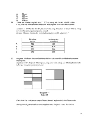 A 64 cm
B 120 cm
C 128 cm
D 134 cm
29. There are 71 600 bicycles and 77 200 motorcycles loaded into 96 lorries.
Culculate the number of bicycles and motorcycles that each lorry carries.
Terdapat 81 600 basikal dan 67 200 motorsikal yang dimuatkan ke dalam 96 lori. Setiap
lori membawa bilangan yang sama banyak.
Kirakan bilangan basikal dan motosikal yang dibawa oleh setiap lori ?
Bicycles
Basikal
Motorcycles
Motorsikal
A 450 750
B 880 820
C 850 700
D 910 360
30. Diagram 11 shows two cards of equal size. Each card is divided onto several
equal parts.
Rajah 11 terdiri daripada 2 keping kad yang sama saiz. Setiap kad dibahagikan kepada
beberapa bahagian yang sama besar.
Calculate the total percentage of the coloured regions in both of the cards.
Hitung jumlah peratusan kawasan yang berwarna daripada kedua-dua kad itu
11
Diagram 11
Rajah 11
 