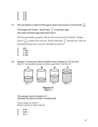 A 0.25
B 0.30
C 0.45
D 0.55
31. Pak Jais delivers a total of 4 000 eggs to shop P and shop Q. It is found that
10
1
of the eggs were broken. Shop P gets 5
2
of unbroken eggs.
How many unbroken eggs does shop Q get ?.
Pak Jais membekalkan sejumlah 4 000 biji telur untuk kedai P dan kedai Q. Didapati
bahawa
10
1
daripada telur itu pecah. Kedai P dibekalkan
5
2
daripada telur yang elok.
Berapakah bilangan telur yang elok dibekalkan ke kedai Q ?
A 630
B 1 440
C 2 160
D 2 180
32. Diagram 12 shows the volume of water in four containers, P, Q, R and S.
Rajah 12 menunjukkan isipadu air dalam empat bekas P, Q, R dan S.
The average volume of water is 4  .
Calculate the volume of water in containers Q.
Purata isipadu air ialah 4  .
Kirakan isipadu air dalam bekas Q.
A 548 
B 566 
C 58 
12
P Q R S
Diagram 12
Rajah 12
07  9  082 
 