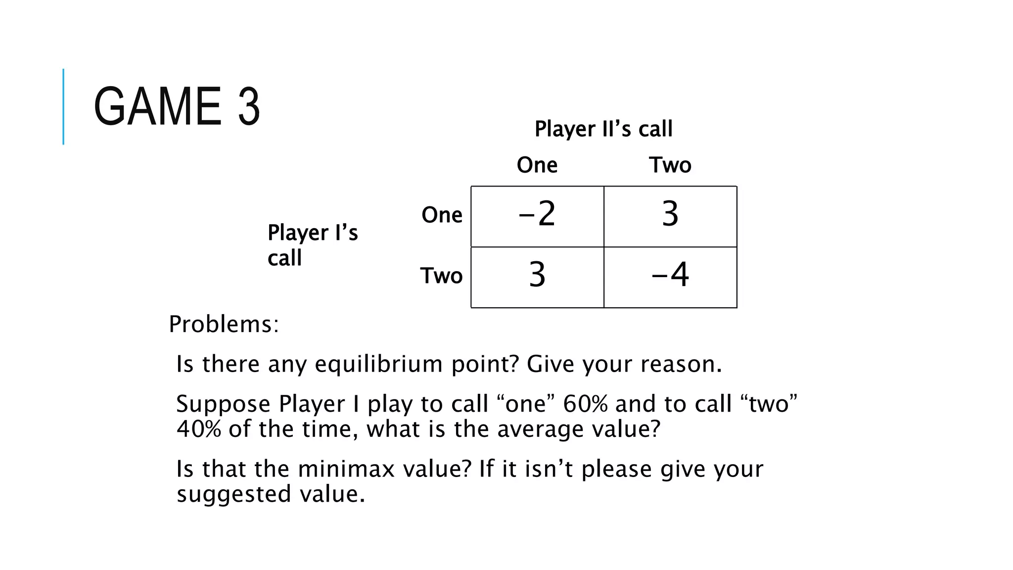GAME 3
Problems:
Is there any equilibrium point? Give your reason.
Suppose Player I play to call “one” 60% and to call “two”
40% of the time, what is the average value?
Is that the minimax value? If it isn’t please give your
suggested value.
Player II’s call
One Two
Player I’s
call
One -2 3
Two 3 -4
 