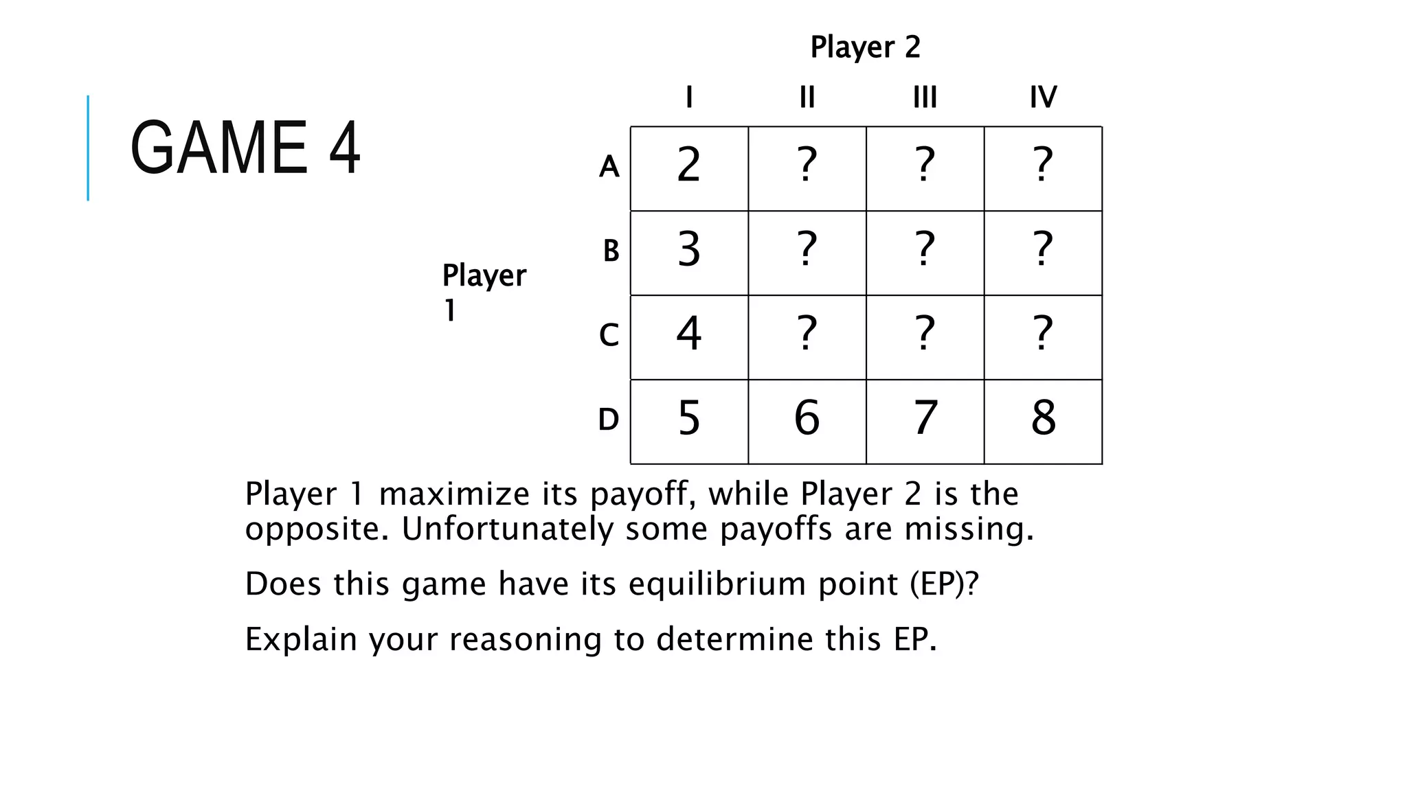 GAME 4
Player 1 maximize its payoff, while Player 2 is the
opposite. Unfortunately some payoffs are missing.
Does this game have its equilibrium point (EP)?
Explain your reasoning to determine this EP.
Player 2
I II III IV
Player
1
A 2 ? ? ?
B 3 ? ? ?
C 4 ? ? ?
D 5 6 7 8
 