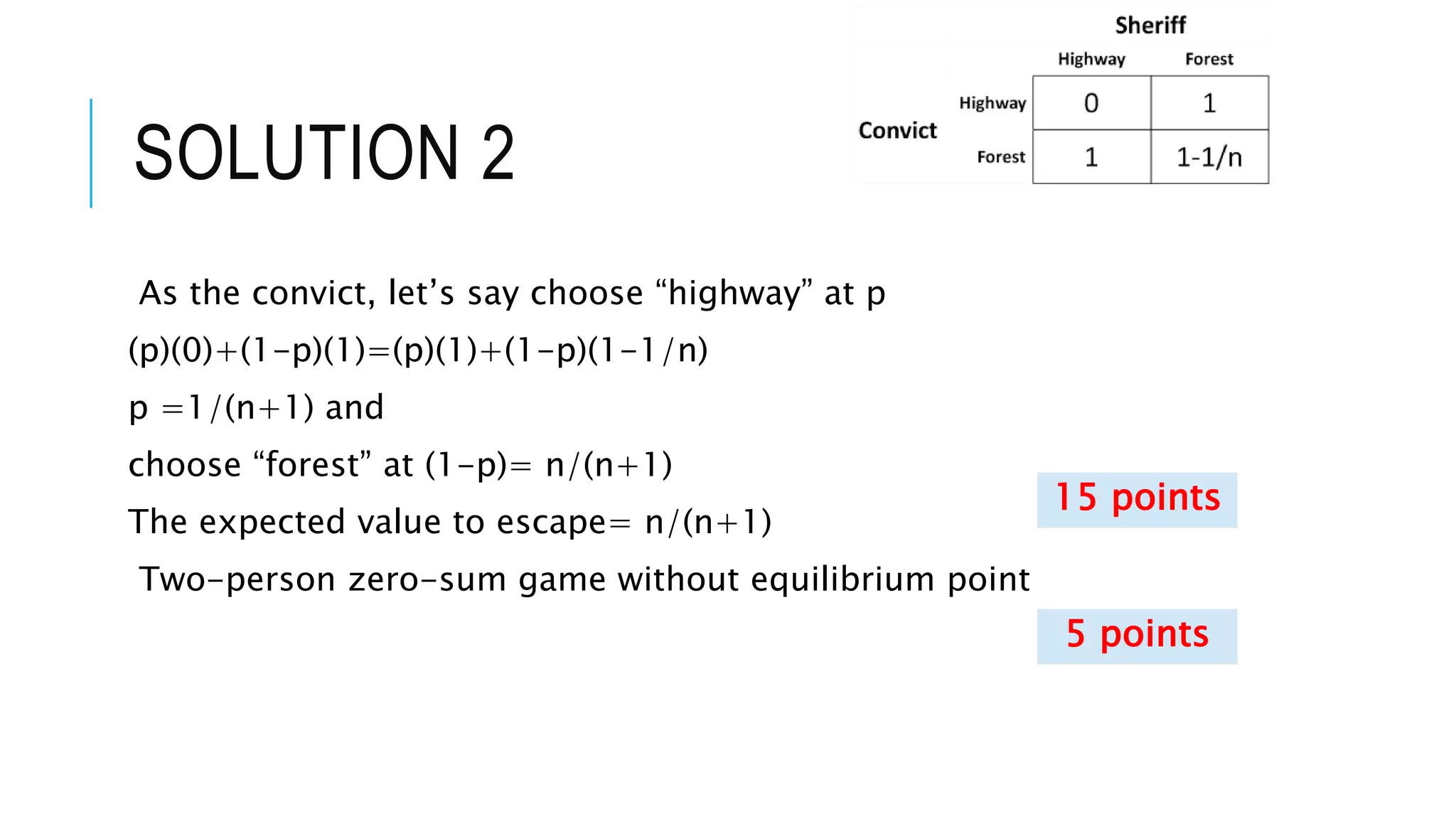 SOLUTION 2
As the convict, let’s say choose “highway” at p
(p)(0)+(1-p)(1)=(p)(1)+(1-p)(1-1/n)
p =1/(n+1) and
choose “forest” at (1-p)= n/(n+1)
The expected value to escape= n/(n+1)
Two-person zero-sum game without equilibrium point
15 points
5 points
 