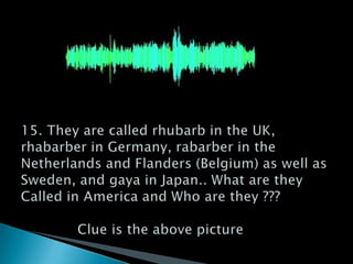 15. They are called rhubarb in the UK, rhabarber in Germany, rabarber in the Netherlands and Flanders (Belgium) as well as Sweden, and gaya in Japan.. What are they Called in America and Who are they ???              Clue is the above picture