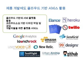 제품 개발에도 클라우드 기반 서비스 활용

클라우드 기반의 서버 플랫폼
활용
크라우드소싱 기반 디자인 작업 및
코딩
개발자들을 위한 플랫폼 서비스
 