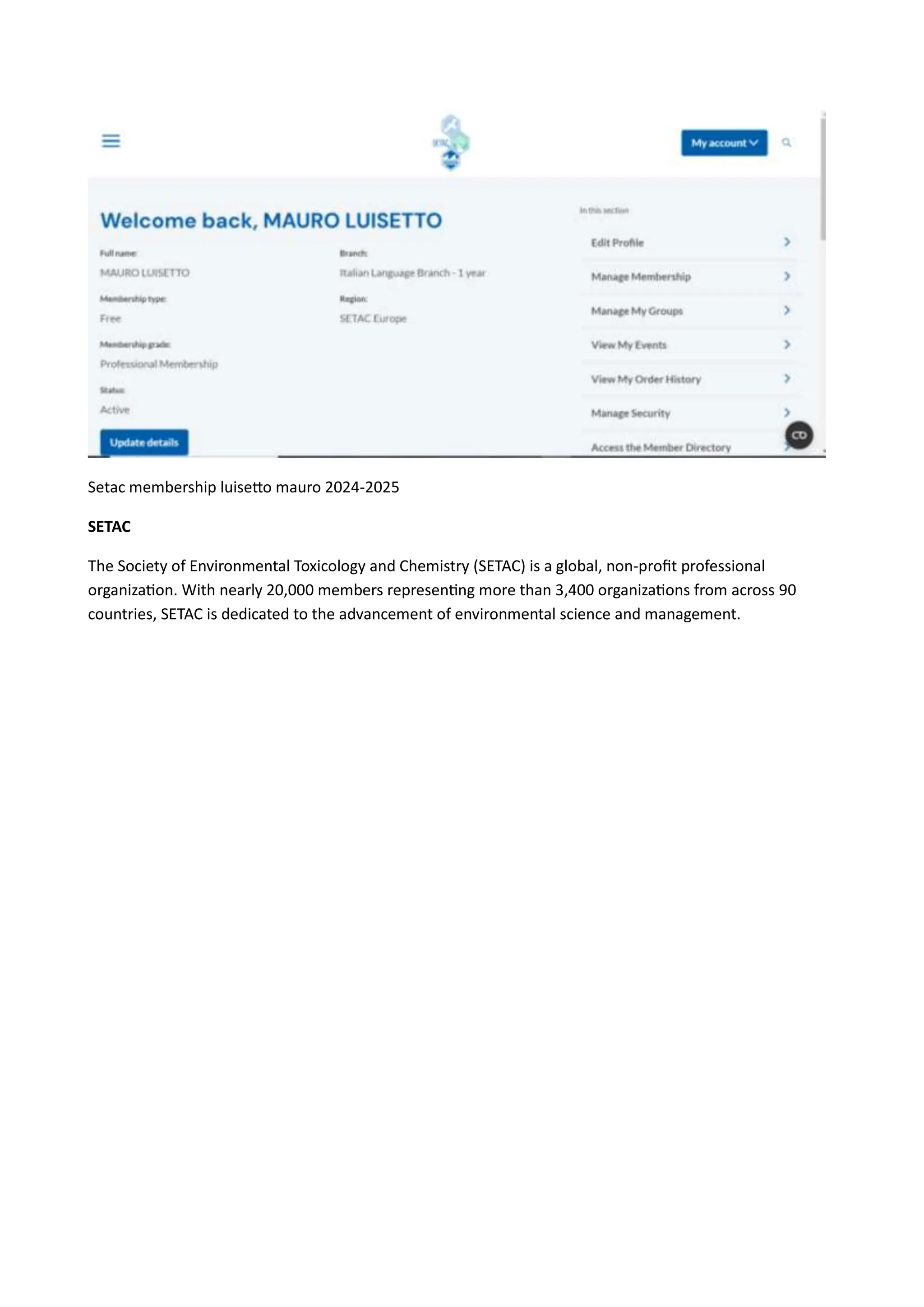 SETAC MEMBERSHIP 20242025 SOCIETY OF ENVIRONMENTAL TOXICOLOGY AND