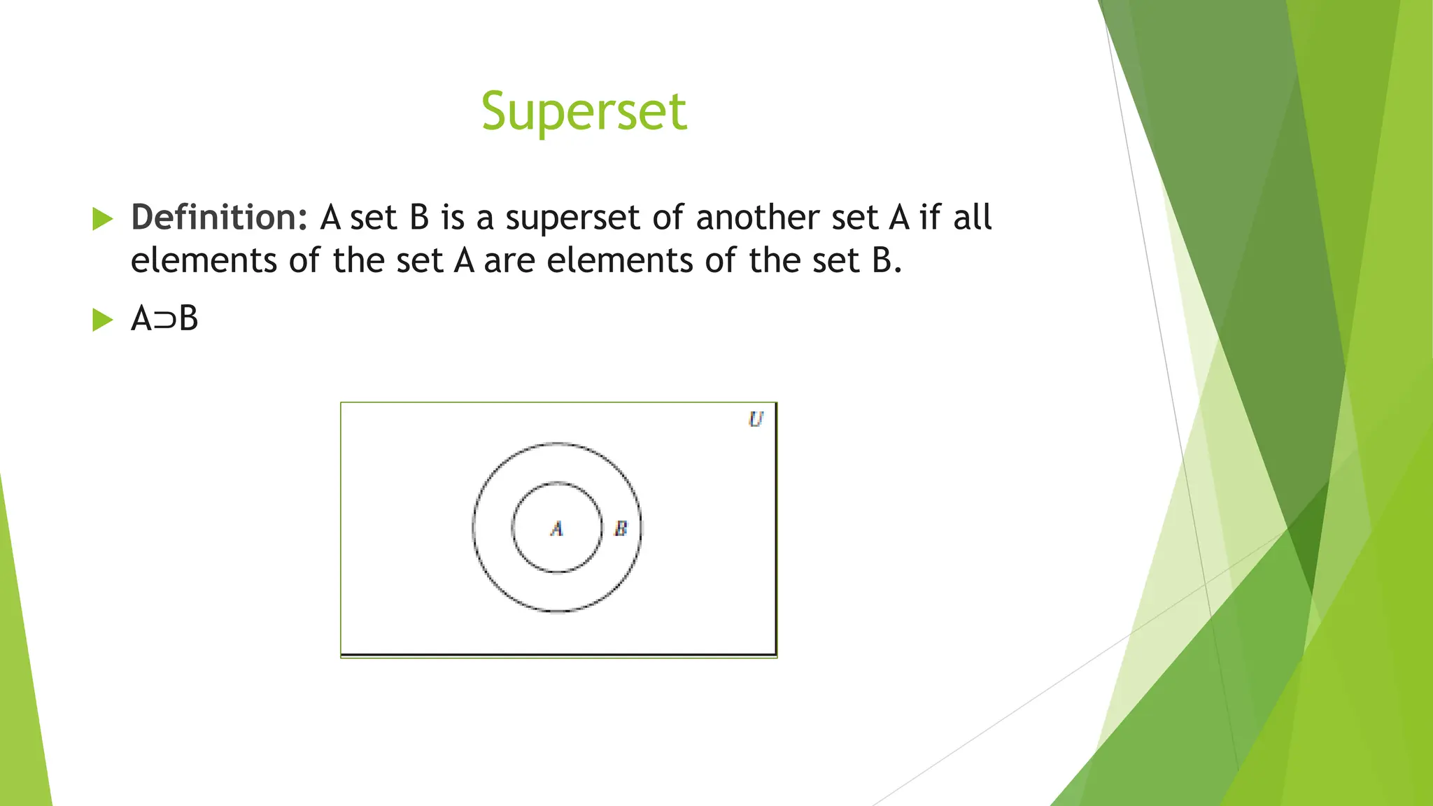 Superset
 Definition: A set B is a superset of another set A if all
elements of the set A are elements of the set B.
 A⊃B
 