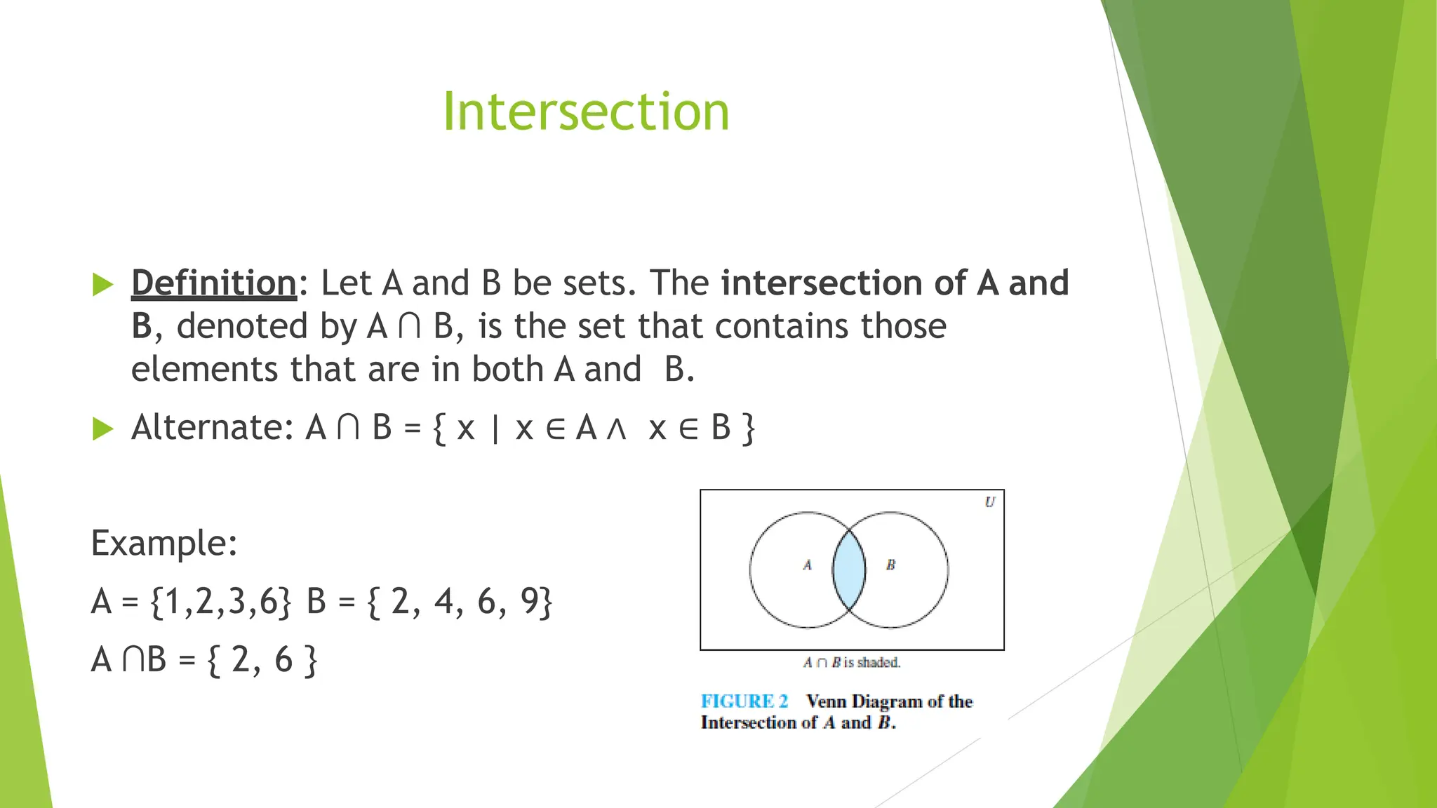 Intersection
 Definition: Let A and B be sets. The intersection of A and
B, denoted by A ∩ B, is the set that contains those
elements that are in both A and B.
 Alternate: A ∩ B = { x | x ∈ A ∧ x ∈ B }
Example:
A = {1,2,3,6} B = { 2, 4, 6, 9}
A ∩B = { 2, 6 }
 