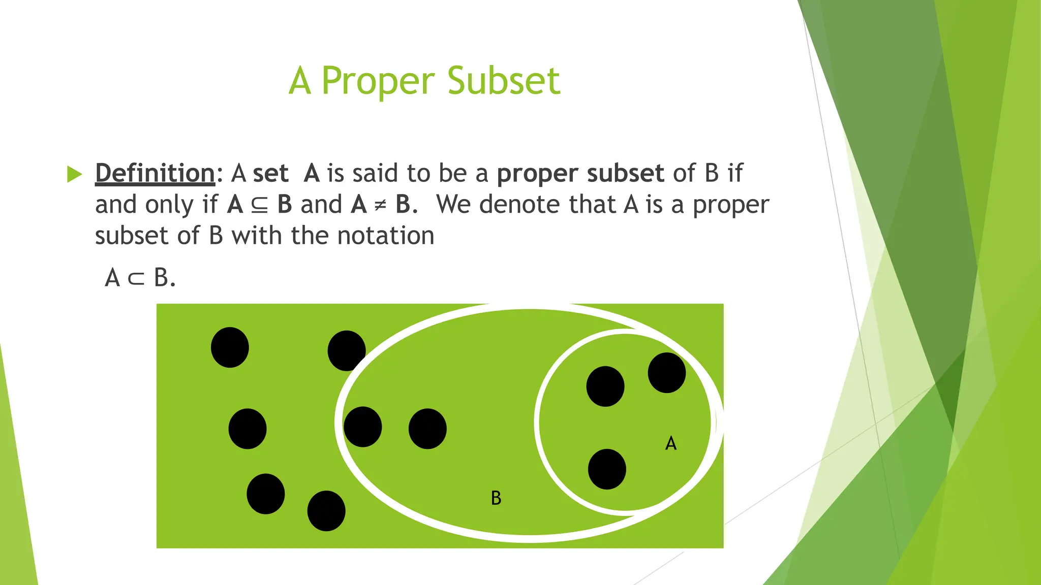 A Proper Subset
 Definition: A set A is said to be a proper subset of B if
and only if A ⊆ B and A ≠ B. We denote that A is a proper
subset of B with the notation
A ⊂ B.
A
B
 