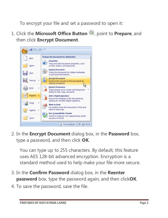 Set a password in a word document