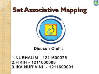 Set Associative Mapping




         Disusun Oleh :

1.NURHALIM - 1211600075
2.FIKIH - 1211600083
3.IKA NUR’AINI - 1211600091
 