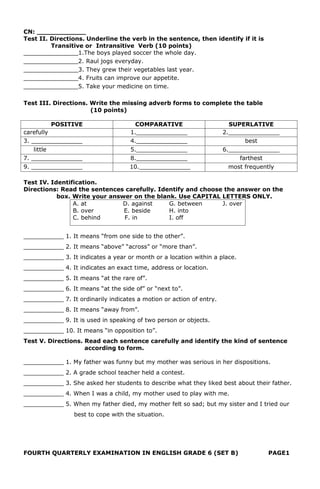 CN: ____________
Test II. Directions. Underline the verb in the sentence, then identify if it is
Transitive or Intransitive Verb (10 points)
_______________1.The boys played soccer the whole day.
_______________2. Raul jogs everyday.
_______________3. They grew their vegetables last year.
_______________4. Fruits can improve our appetite.
_______________5. Take your medicine on time.
Test III. Directions. Write the missing adverb forms to complete the table
(10 points)
POSITIVE COMPARATIVE SUPERLATIVE
carefully 1.______________ 2.______________
3. ______________ 4.______________ best
little 5.______________ 6.______________
7. ______________ 8.______________ farthest
9. ______________ 10.______________ most frequently
Test IV. Identification.
Directions: Read the sentences carefully. Identify and choose the answer on the
box. Write your answer on the blank. Use CAPITAL LETTERS ONLY.
A. at D. against G. between J. over
B. over E. beside H. into
C. behind F. in I. off
___________ 1. It means “from one side to the other”.
___________ 2. It means “above” “across” or “more than”.
___________ 3. It indicates a year or month or a location within a place.
___________ 4. It indicates an exact time, address or location.
___________ 5. It means “at the rare of”.
___________ 6. It means “at the side of” or “next to”.
___________ 7. It ordinarily indicates a motion or action of entry.
___________ 8. It means “away from”.
___________ 9. It is used in speaking of two person or objects.
___________ 10. It means “in opposition to”.
Test V. Directions. Read each sentence carefully and identify the kind of sentence
according to form.
___________ 1. My father was funny but my mother was serious in her dispositions.
___________ 2. A grade school teacher held a contest.
___________ 3. She asked her students to describe what they liked best about their father.
___________ 4. When I was a child, my mother used to play with me.
___________ 5. When my father died, my mother felt so sad; but my sister and I tried our
best to cope with the situation.
FOURTH QUARTERLY EXAMINATION IN ENGLISH GRADE 6 (SET B) PAGE1
 