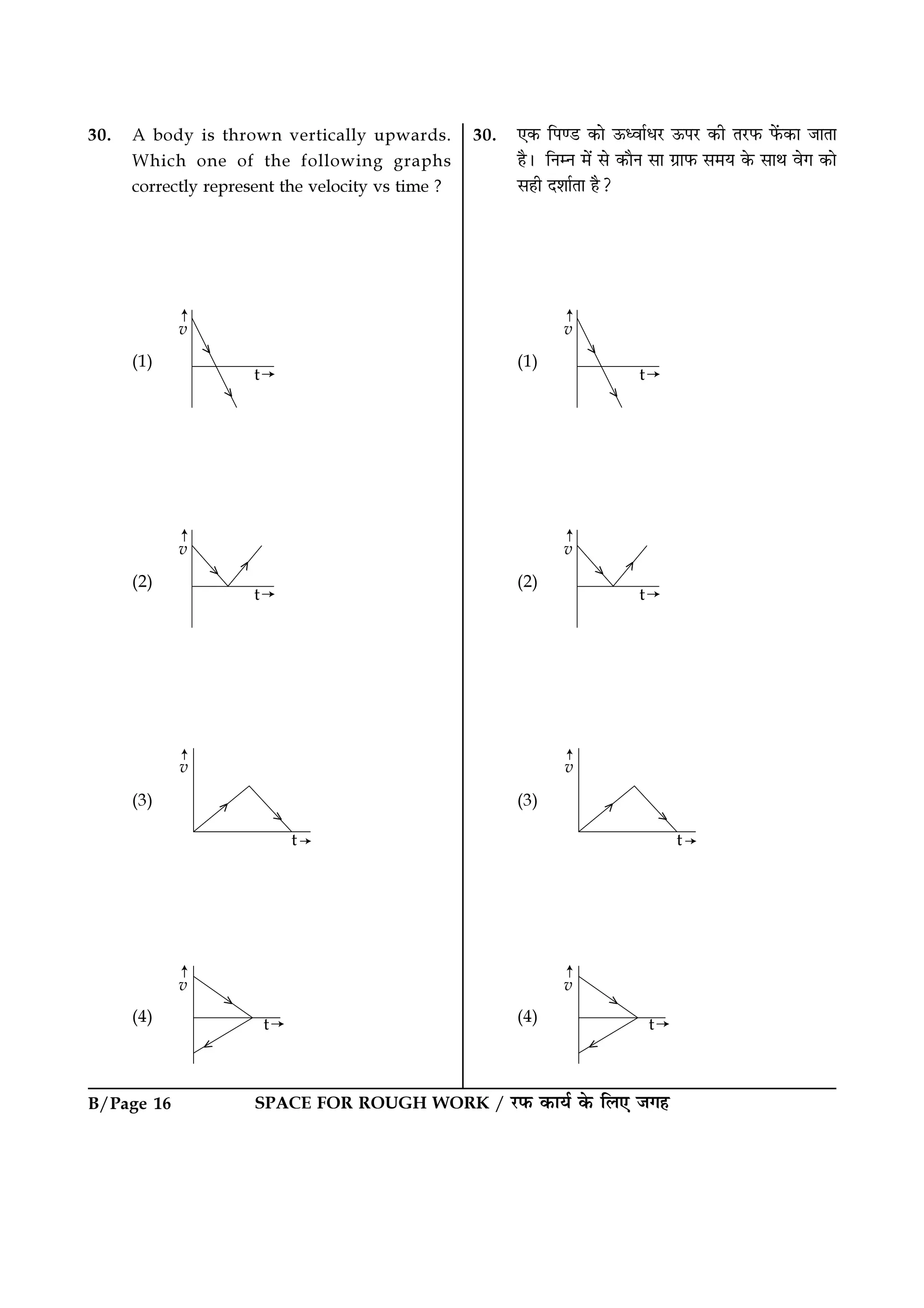 B/Page 16 SPACE FOR ROUGH WORK / ⁄U»§ ∑§Êÿ¸ ∑§ Á‹∞ ¡ª„
30. ∞∑§ Á¬á«U ∑§Ê ™§äﬂÊ¸œ⁄U ™§¬⁄U ∑§Ë Ã⁄U»§ »¥§∑§Ê ¡ÊÃÊ
„Ò– ÁŸêŸ ◊¥ ‚ ∑§ÊÒŸ ‚Ê ª˝Ê»§ ‚◊ÿ ∑§ ‚ÊÕ ﬂª ∑§Ê
‚„Ë Œ‡ÊÊ¸ÃÊ „Ò?
(1)
(2)
(3)
(4)
30. A body is thrown vertically upwards.
Which one of the following graphs
correctly represent the velocity vs time ?
(1)
(2)
(3)
(4)
 
