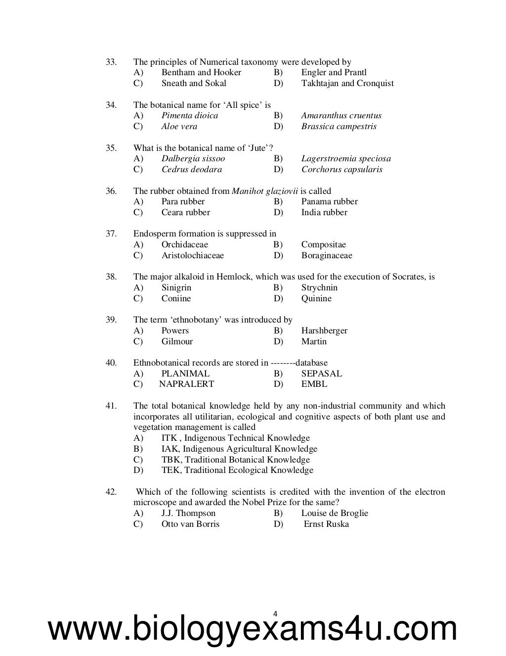 SET Botany Previous Question Papers with Answer key (Kerala) 2010 2…