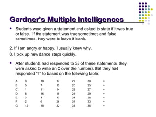 Gardner’s Multiple Intelligences
   Students were given a statement and asked to state if it was true
    or false. If the statement was true sometimes and false
    sometimes, they were to leave it blank.

2. If I am angry or happy, I usually know why.
8. I pick up new dance steps quickly.

   After students had responded to 35 of these statements, they
    were asked to write an X over the numbers that they had
    responded “T” to based on the following table:
    A    9        10      17       22      30       =
    B    5        7       15       20      25       =
    C    1        11      14       23      27       =
    D    8        16      19       21      29       =
    E    3        4       13       24      28       =
    F    2        6       26       31      33       =
    G    12       18      32       34      35       =
 
