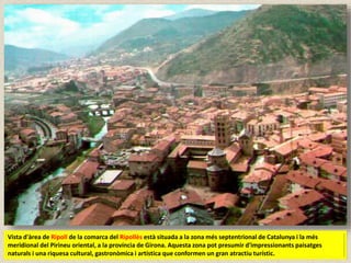 Vista d'àrea de Ripoll de la comarca del Ripollès està situada a la zona més septentrional de Catalunya i la més
meridional del Pirineu oriental, a la província de Girona. Aquesta zona pot presumir d'impressionants paisatges
naturals i una riquesa cultural, gastronòmica i artística que conformen un gran atractiu turístic.
 