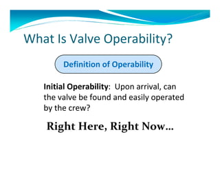 What Is Valve Operability?
        Definition of Operability

   Initial Operability: Upon arrival, can
   the valve be found and easily operated
   by the crew?

    Right Here, Right Now…
 