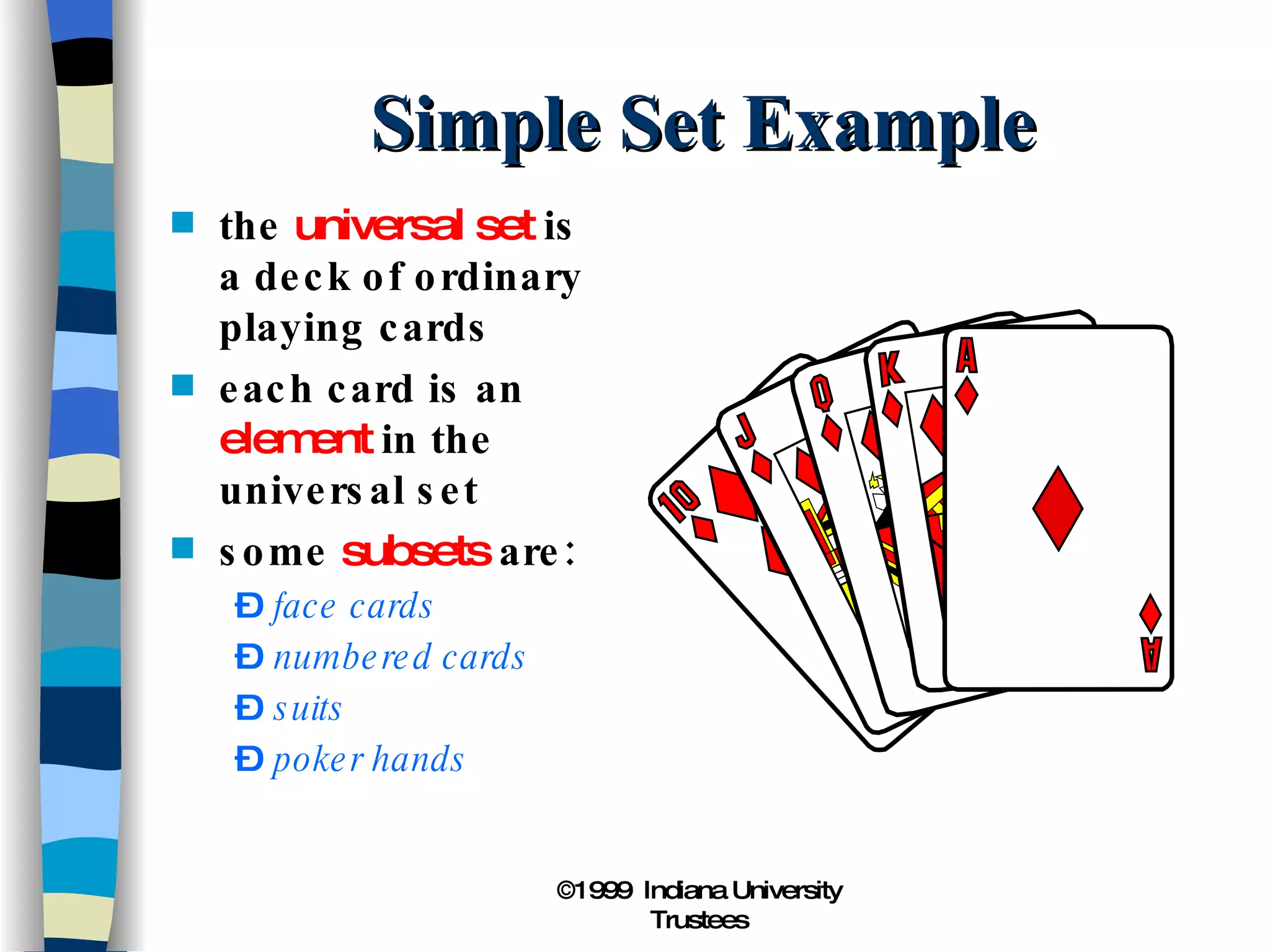 Simple Set Example the  universal set  is  a deck of ordinary  playing cards each card is an  element  in the universal set some  subsets  are: face cards numbered cards suits poker hands 