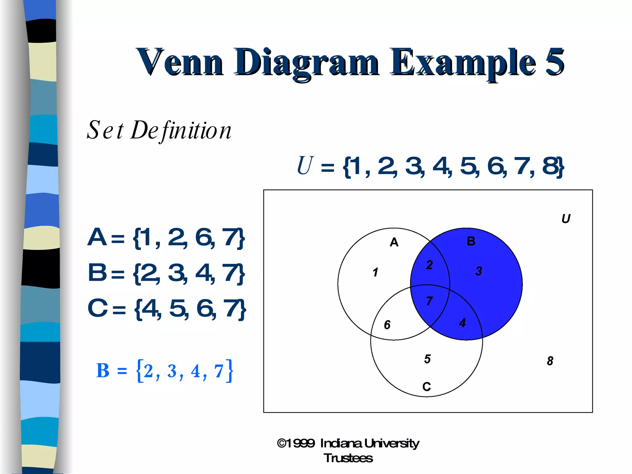 Venn Diagram Example 5 Set Definition   U  = {1, 2, 3, 4, 5, 6, 7, 8} A = {1, 2, 6, 7} B = {2, 3, 4, 7} C = {4, 5, 6, 7} B = {2, 3, 4, 7} 