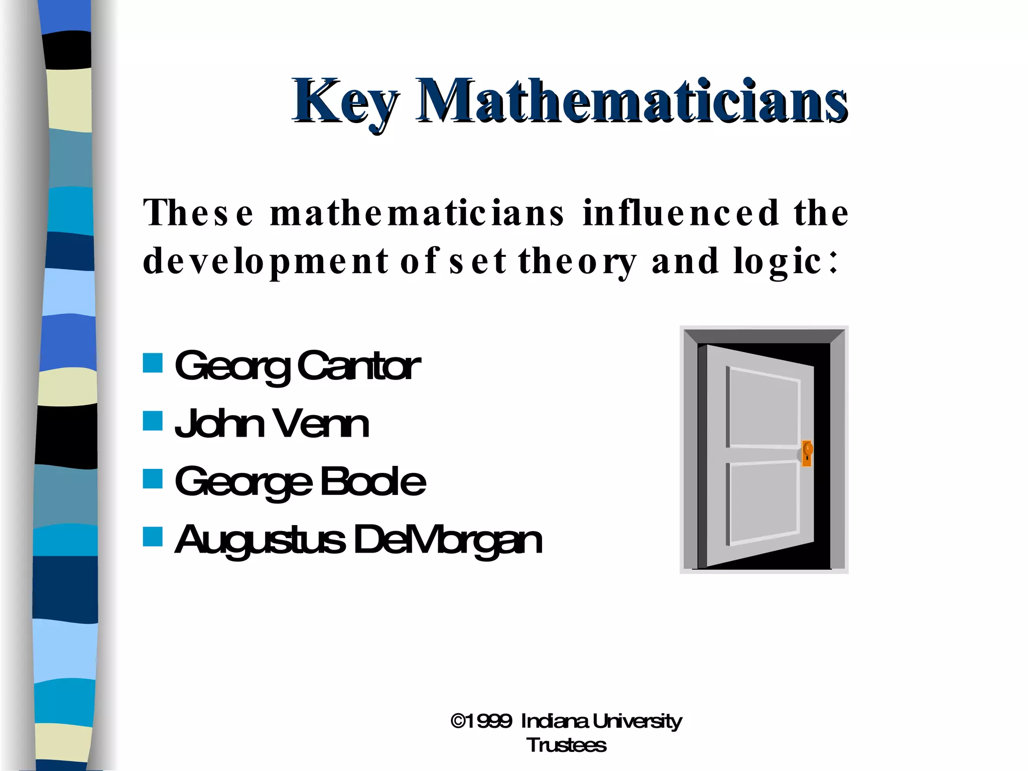 Key Mathematicians These mathematicians influenced the development of set theory and logic: Georg Cantor John Venn George Boole Augustus DeMorgan 