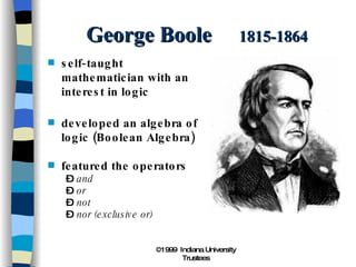 George Boole  1815-1864 self‑taught mathematician with an interest in logic developed an algebra of logic (Boolean Algebra) featured the operators and or not nor (exclusive or) 