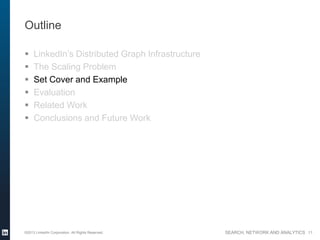 SEARCH, NETWORK AND ANALYTICS
Outline
 LinkedIn’s Distributed Graph Infrastructure
 The Scaling Problem
 Set Cover and Example
 Evaluation
 Related Work
 Conclusions and Future Work
©2013 LinkedIn Corporation. All Rights Reserved. 11
 