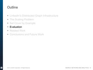 SEARCH, NETWORK AND ANALYTICS
Outline
 LinkedIn’s Distributed Graph Infrastructure
 The Scaling Problem
 Set Cover by Example
 Evaluation
 Related Work
 Conclusions and Future Work
©2013 LinkedIn Corporation. All Rights Reserved. 18
 