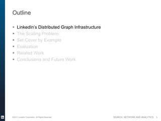 SEARCH, NETWORK AND ANALYTICS
Outline
 LinkedIn’s Distributed Graph Infrastructure
 The Scaling Problem
 Set Cover by Example
 Evaluation
 Related Work
 Conclusions and Future Work
©2013 LinkedIn Corporation. All Rights Reserved. 3
 