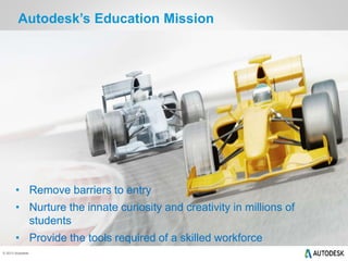 Autodesk’s Education Mission 
• Remove barriers to entry 
• Nurture the innate curiosity and creativity in millions of 
© 2013 Autodesk 
students 
• Provide the tools required of a skilled workforce 
 