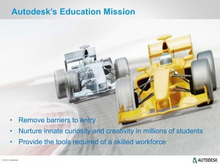 © 2013 Autodesk
• Remove barriers to entry
• Nurture innate curiosity and creativity in millions of students
• Provide the tools required of a skilled workforce
Autodesk’s Education Mission
 
