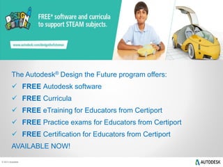 © 2013 Autodesk
The Autodesk® Design the Future program offers:
 FREE Autodesk software
 FREE Curricula
 FREE eTraining for Educators from Certiport
 FREE Practice exams for Educators from Certiport
 FREE Certification for Educators from Certiport
AVAILABLE NOW!
 